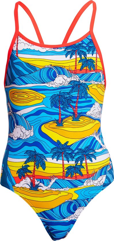Meisjes zwempak met palmbomen, golven en gele surfplank print, rode bandjes