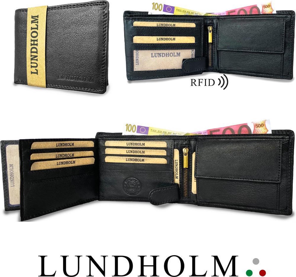 Lundholm leren heren portemonnee heren leer zwart - RFID anti-skim - zeer soepel nappa leer