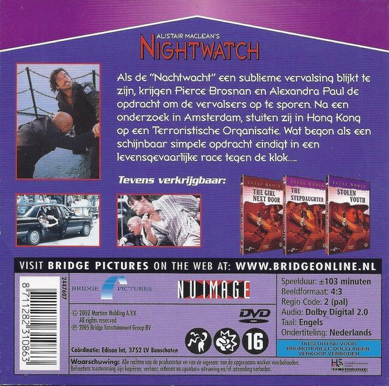 Achterkant dvd-hoes met synopsis en afbeeldingen van de film "Night Watch" en andere films.