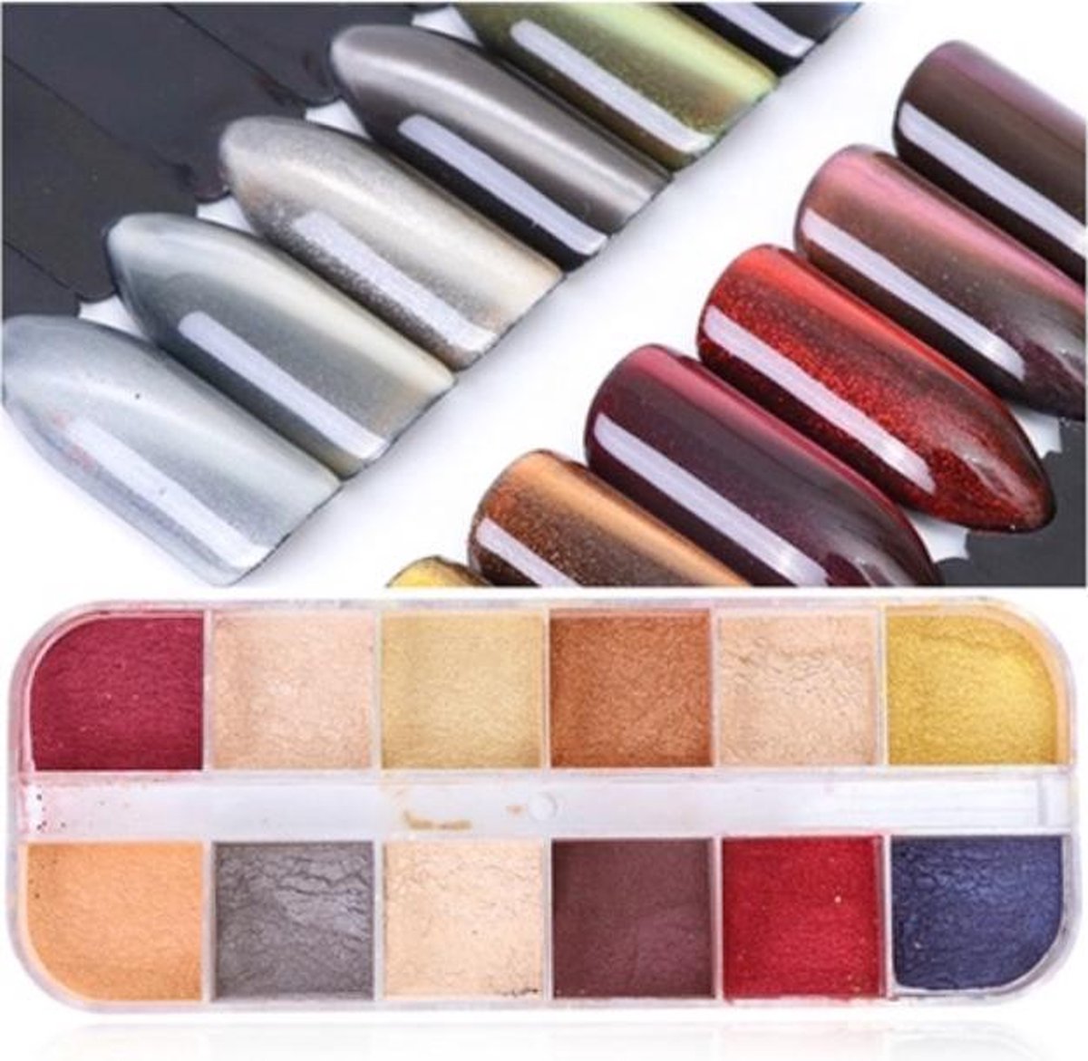 Goedkoopste Holografische Glitter Poeder Nail Art Set - 12 Stuks - Rood / Geel / Zilver / Blauw - Nagel Decoratie Strass