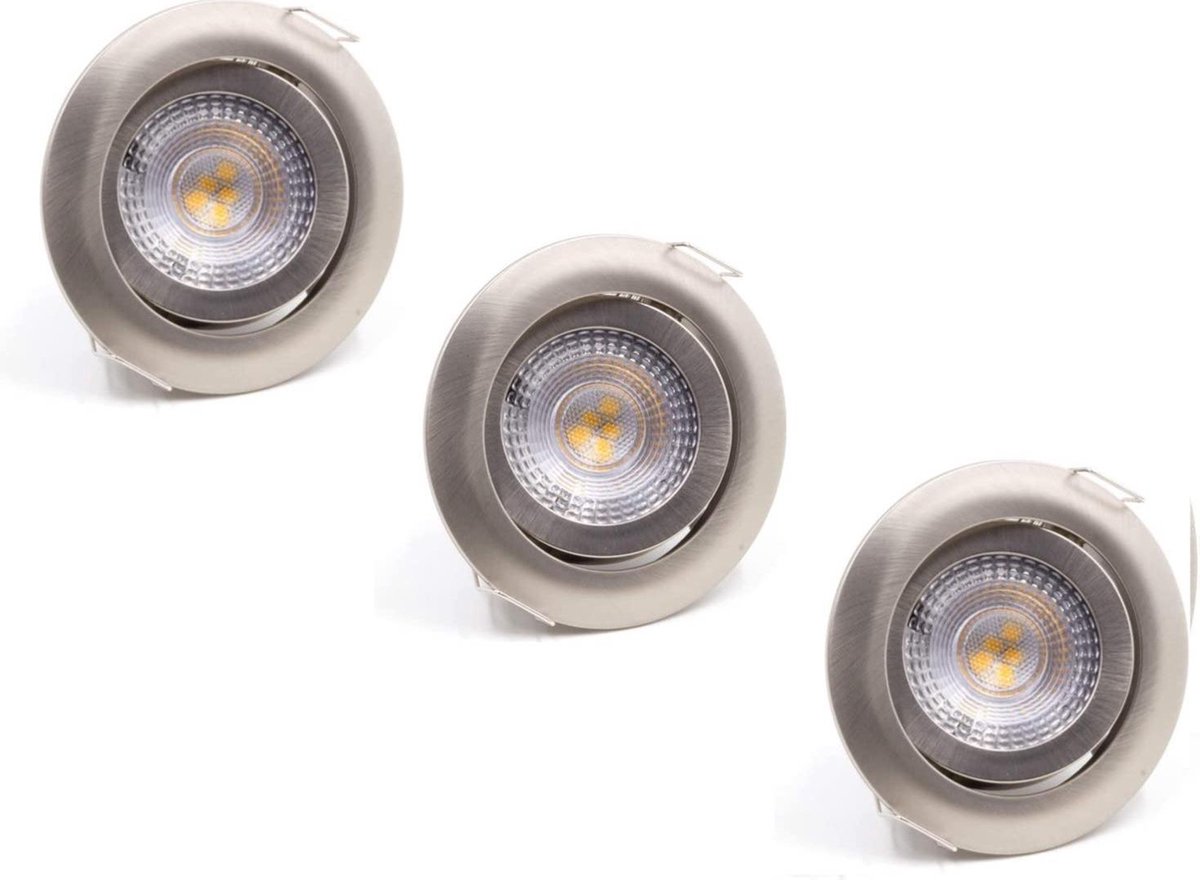LED inbouwspot set 3 stuks - 3W vervangt 25W - Satijn Nikkel - Warm wit licht 3000K - Compleet