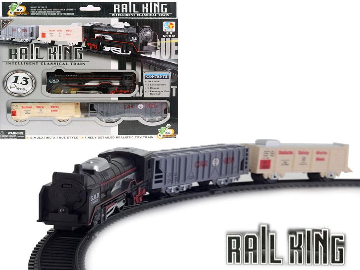 Speelgoed Trein set 13 stuks - Rail Baan 68x68 - met licht en kan rijden -  Rail King ... | bol.com