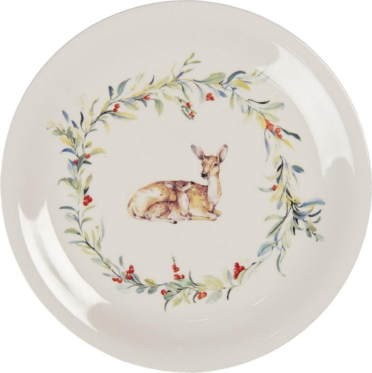 Clayre & Eef Dinerbord Ø 28 cm Wit Groen Keramiek Hert