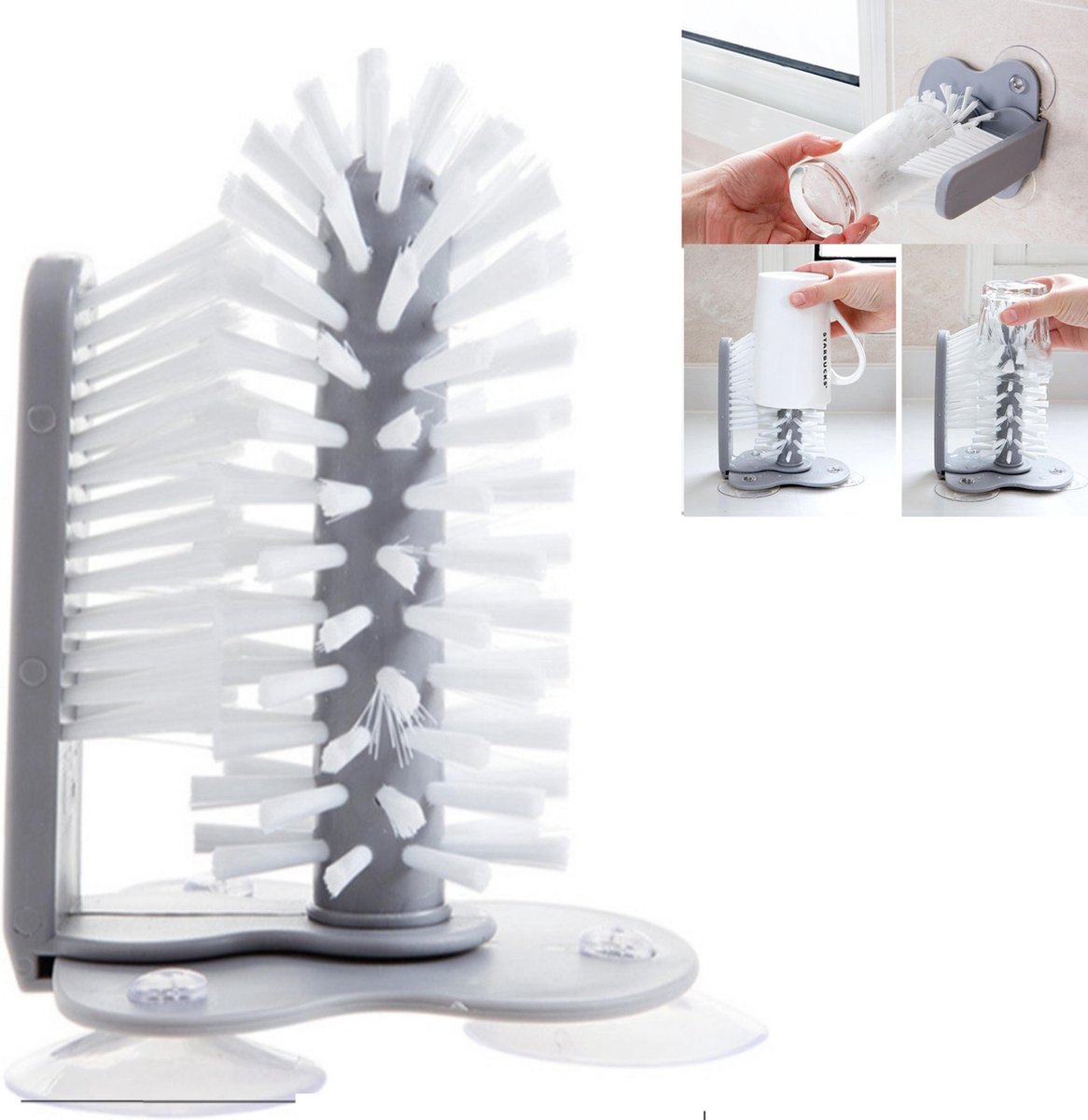 Goedkoopste Afwasborstel voor Glazen - Plastic - Grijs/Wit - Met Zuignappen