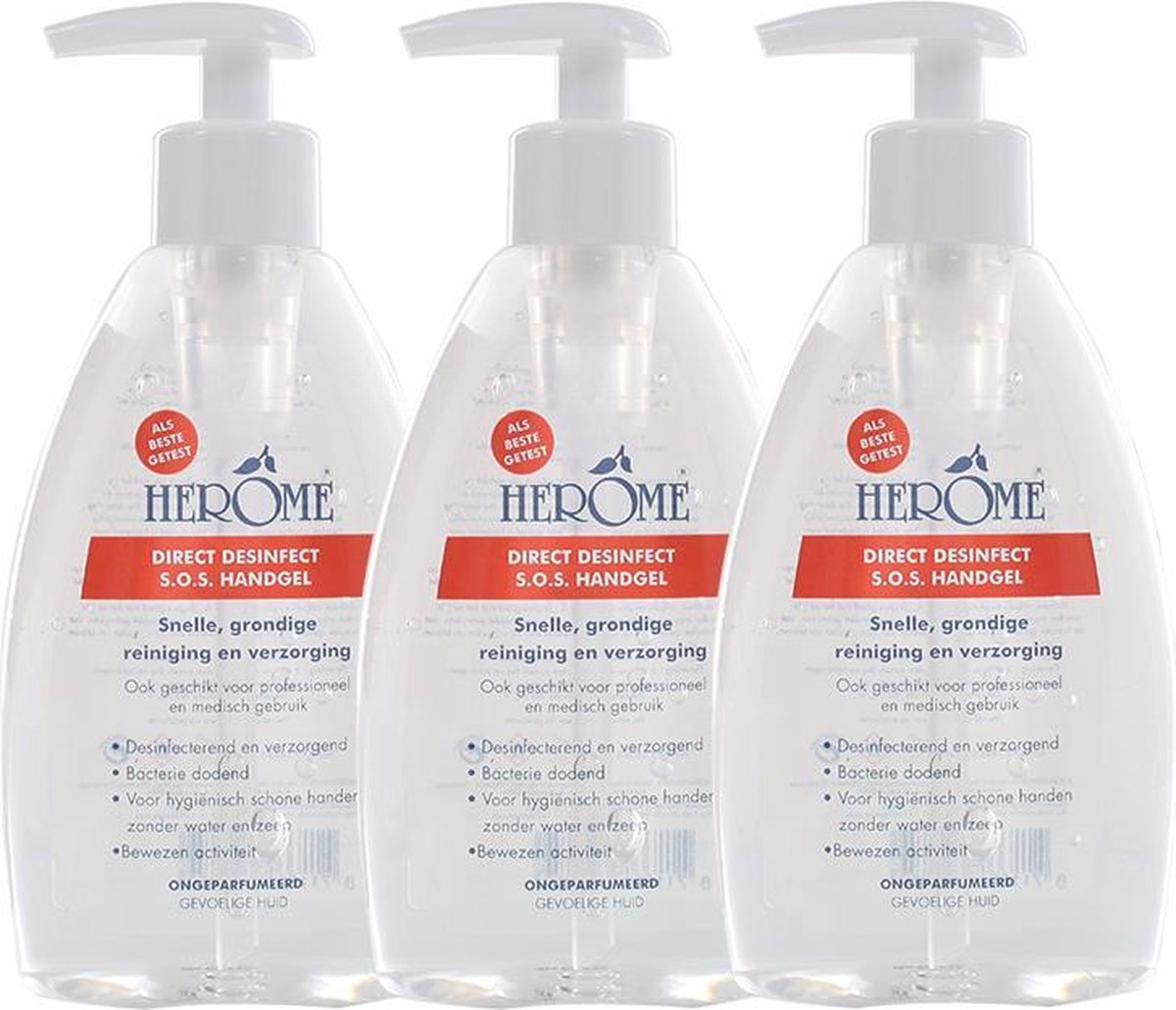 Goedkoopste Herome 3-Pack Direct Desinfect Handgel Sensitive (Parfumvrij) - Desinfecterende Handgel met 80 Alcohol - Beschermt Tegen Bacteriën en Droogt de Handen Niet Uit - 3 200ml.