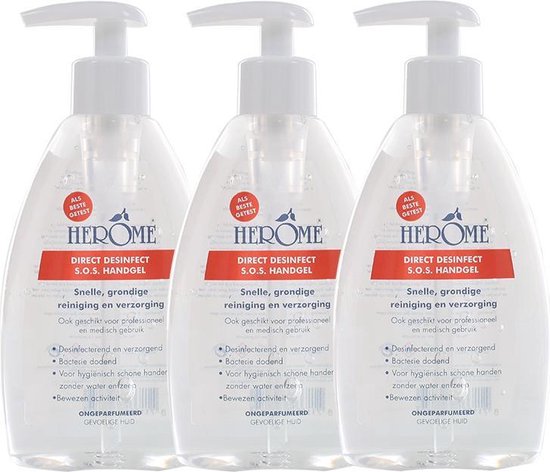 Herome 3-Pack Direct Desinfect Handgel Sensitive (Parfumvrij) - Desinfecterende Handgel met 80% Alcohol - Beschermt Tegen Bacteriën en Droogt de Handen Niet Uit - 3*200ml.