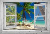 Tuindoek doorkijk - 130x95 cm - openslaand wit venster - Caribisch Strand met hangmat - tuinposter - tuin decoratie - tuinposters buiten - tuinschilderijcm