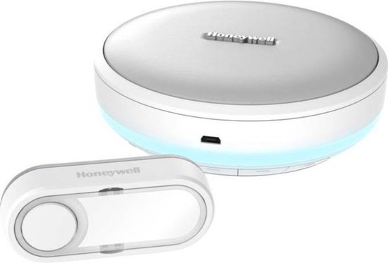 Witte Honeywell deurbelset met blauwe led-ring en aparte drukknop.