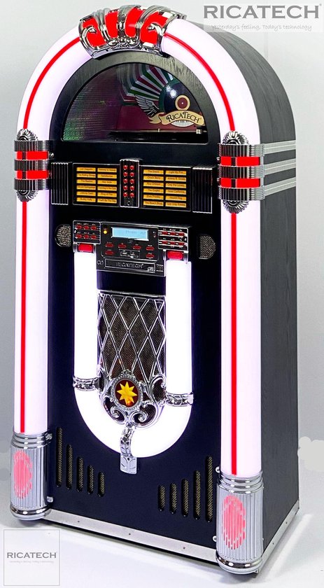 Zwarte Ricatech jukebox met witte en rode verlichting, chromen details, logo en een jaren '50 design.