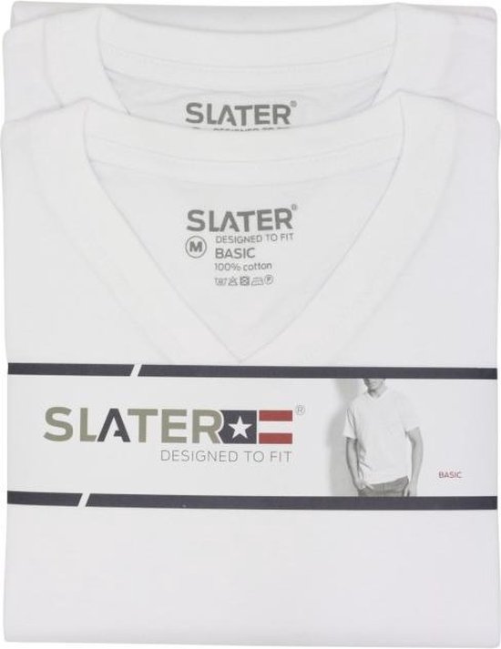 Verpakking van twee witte Slater V-hals T-shirts met korte mouwen. Toont een model.
