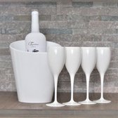 Cadeau set -  4 witte onbreekbare champagne glazen met IJskoeler