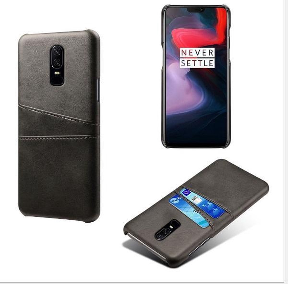 Back Cover met Opbergvakjes + Gehard Glas Screenprotector voor OnePlus 6_ Zwart