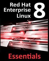 Red Hat Enterprise Linux 8 Essentials met een abstracte rode en witte circuitachtergrond.