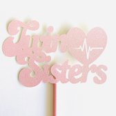 Taartdecoratie versiering| Taarttopper| Cake topper| Baby | Twin Sisters| Roze glitter|14 cm| karton