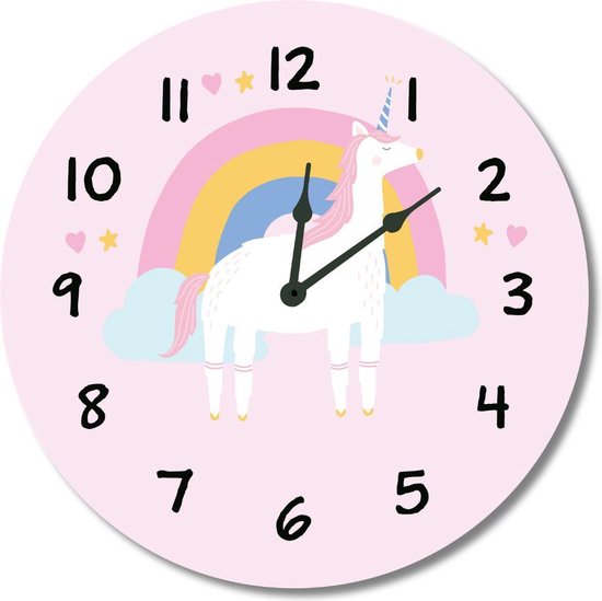 Kinderklok regenboog, eenhoorn/unicorn, wolkjes roze  | STIL UURWERK  | wandklok van kunststof/aluminium voor kinderkamer en babykamer - decoratie accessoires - meisjes slaapkamer