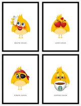 Emoticon Chicks posters - Selfie chick poster - love chick poster - pirate chick poster - Coffee chick poster - 20 x 30 cm - grappige posters - komische posters