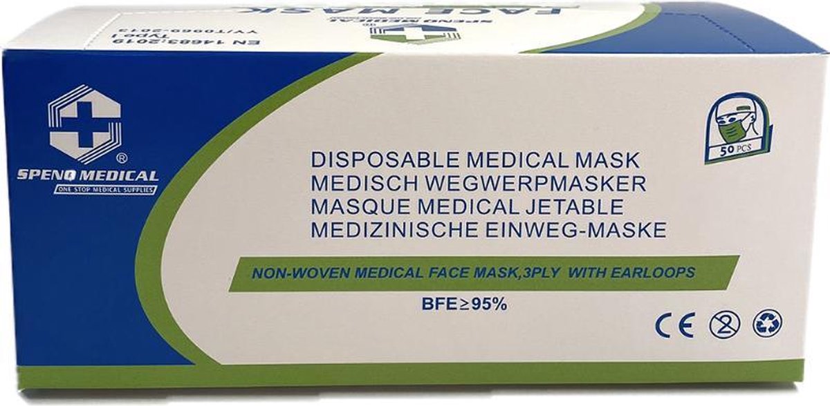 SPENQ Medical Mondkapje, 3-laags Chirurgisch Mondmasker Type I (EN14683:2019), Bacteriële Filtratie Efficiëntie (BFE) >95%, CE gecertificeerd, 50 stuks
