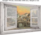 Buitencanvas op houten frame gespannen - 75x100x2 cm - Wit venster met uitzicht Victoriaans dorp - tuin decoratie - tuinposter - tuinschilderij voor buiten - kerst poster