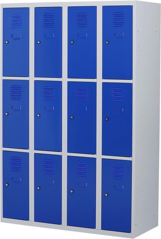 Lockerkast metaal met slot  - 12 deurs 4 delig - Grijs/blauw - 180x120x50 cm - LKP-1012
