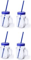 6x stuks Glazen Mason Jar drinkbekers blauwe dop en rietje 500 ml - afsluitbaar/niet lekken/fruit shakes