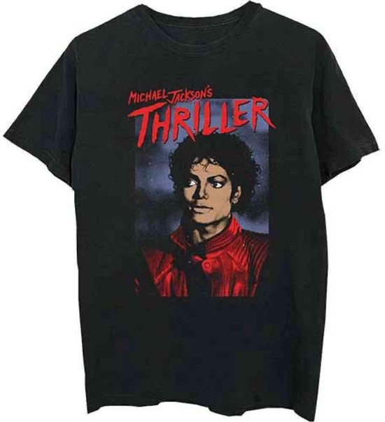 Zwart T-shirt met Michael Jackson's Thriller albumcover met Michael Jackson in een rode jas.