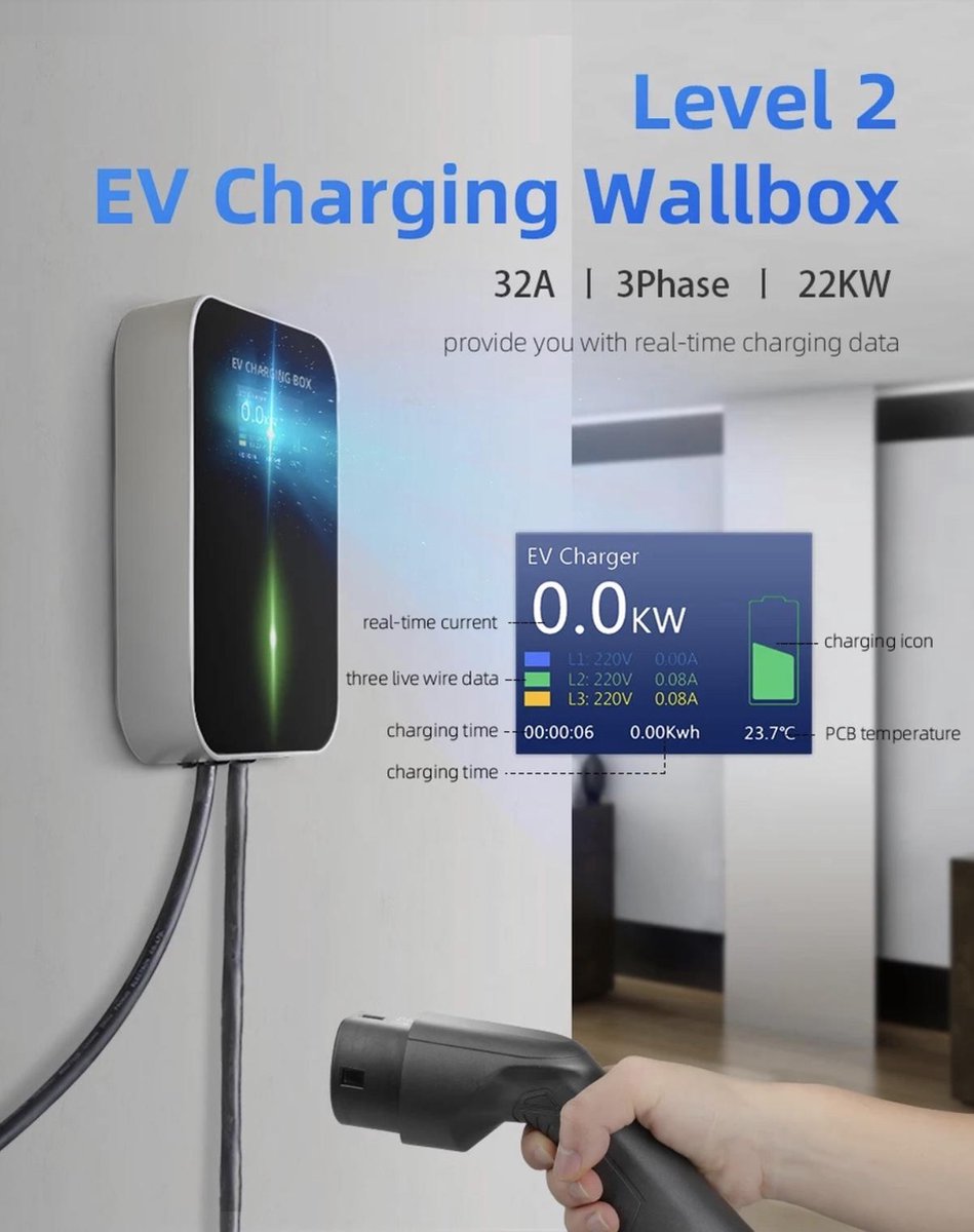 Laadpaal Wallbox Laadstation 22kw 32A 3-Fase Type 2 Stekker