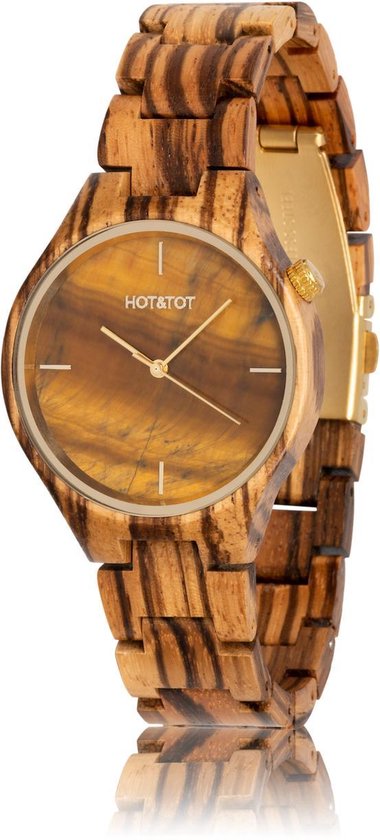 HOT&TOT | Tigano - Houten horloge - 40mm - Tijgeroog steen - Zebrano hout - Goud