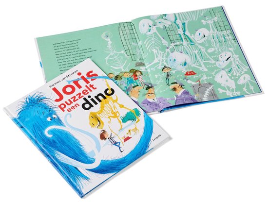 Een open kinderboek met een blauwe harige monster aan de linkerpagina en skeletten aan de rechterpagina. Titel 'Joris puzzelt een dino'.