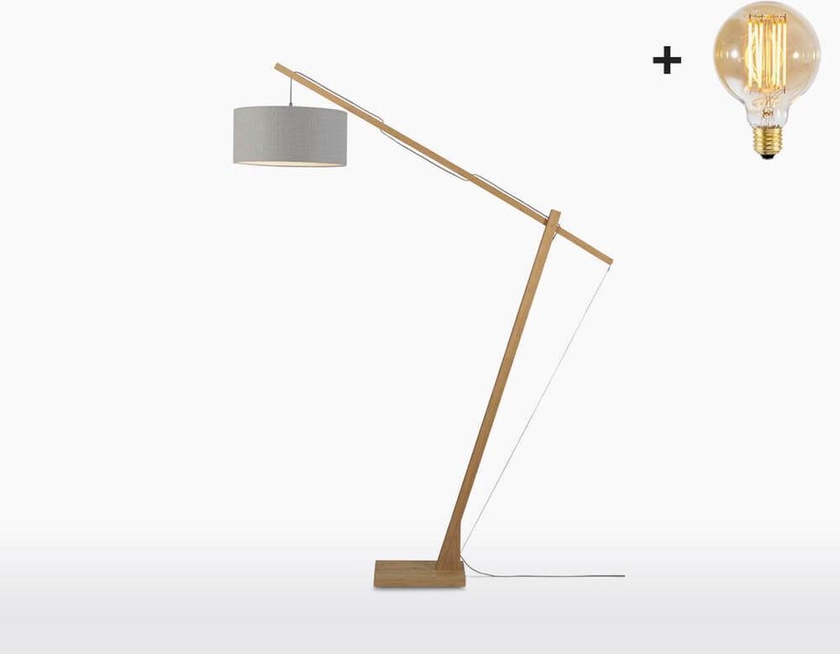 Vloerlamp - MONTBLANC - Bamboe Voetstuk (h. 220 cm) - Lichtgrijs Linnen - Met LED-lamp