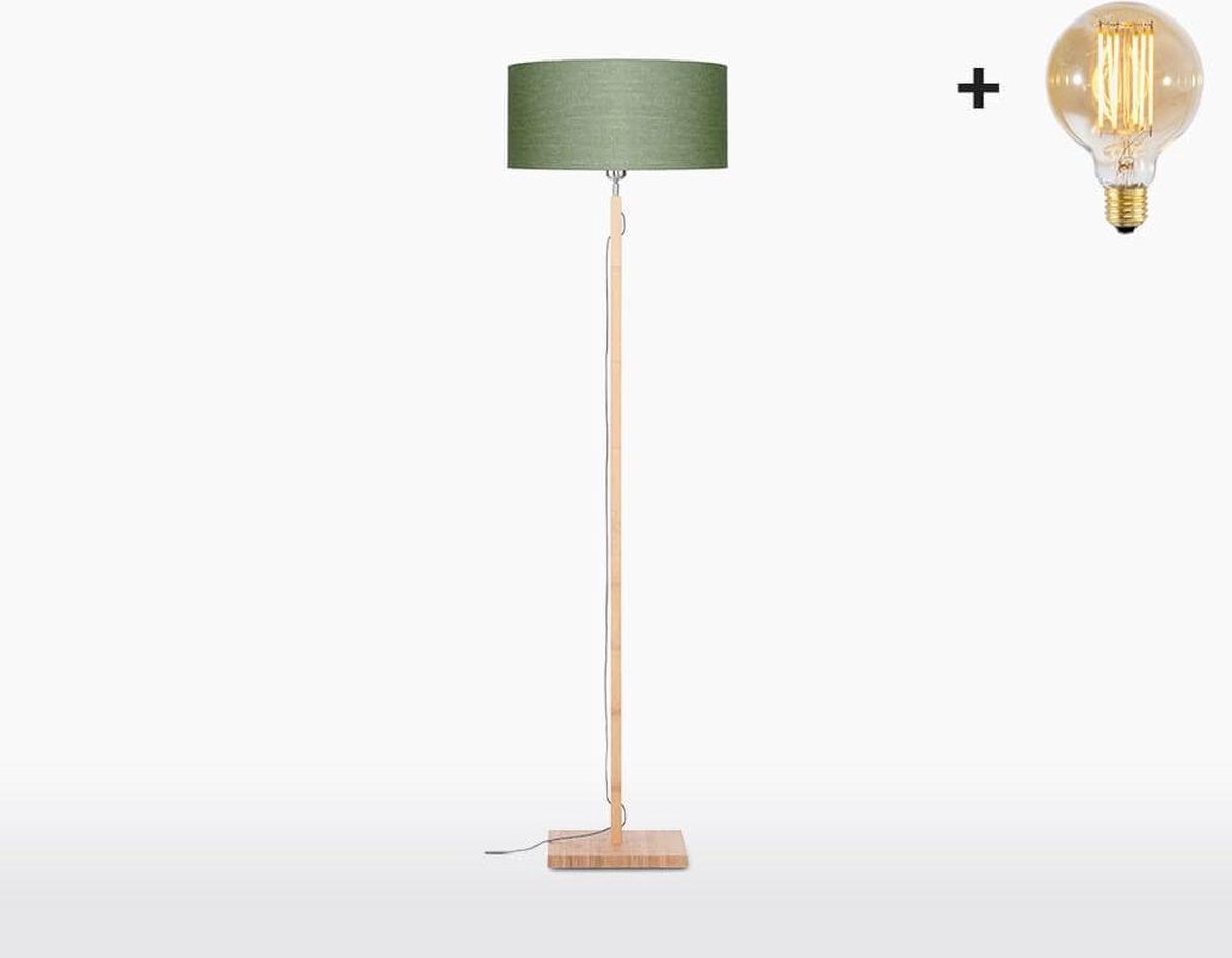 Vloerlamp – FUJI – Bamboe Voetstuk (h. 167cm) - Groen Linnen Kap - Met LED-lamp