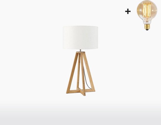 Tafellamp – EVEREST – Naturel Bamboe - Wit Linnen - Met LED-lamp