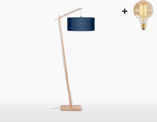 Vloerlamp – ANDES – Naturel Bamboe - Blauw Linnen - Met LED-lamp