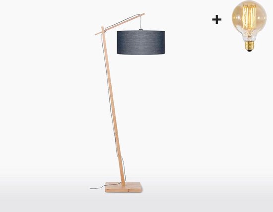Vloerlamp – ANDES – Naturel Bamboe - Donkergrijs Linnen - Met LED-lamp