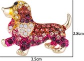 Hond Speld Broche met Gekleurde Zirkonia - Rood Goud & Roze