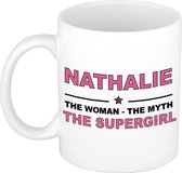 Naam cadeau Nathalie - The woman, The myth the supergirl koffie mok / beker 300 ml - naam/namen mokken - Cadeau voor o.a verjaardag/ moederdag/ pensioen/ geslaagd/ bedankt