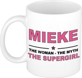 Naam cadeau Mieke - The woman, The myth the supergirl koffie mok / beker 300 ml - naam/namen mokken - Cadeau voor o.a verjaardag/ moederdag/ pensioen/ geslaagd/ bedankt