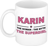 Naam cadeau Karin - The woman, The myth the supergirl koffie mok / beker 300 ml - naam/namen mokken - Cadeau voor o.a verjaardag/ moederdag/ pensioen/ geslaagd/ bedankt