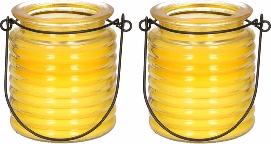 2x Citronellakaarsen in geel geribbeld glas 7,5 cm - Insecten verjagen - Geurkaarsen