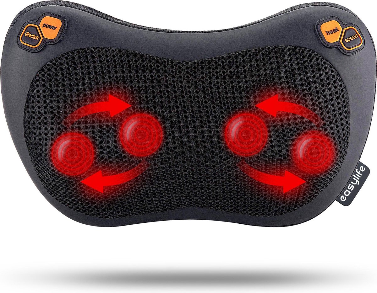 EasyLife Massagekussen - Warmte Functie - Elektrisch Shiatsu Massage Kussen - Voor Auto en Thuis – Black Orange