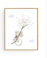Postercity - Design Canvas Poster Muis op een Paardenbloem / Kinderkamer / Dieren Poster / Babykamer - Kinderposter / Babyshower Cadeau / Muurdecoratie / 40 x 30cm / A3