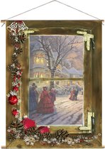 Kerst Doek - 90x120 Cm - Doorkijk Houten Raam - Victoriaans Tafereel-l - Textiel Poster - Decoratie - Winter Poster - Kerst Decoratie - Kerstversiering