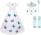 Prinsessenjurk witte verkleedjurk met vlinders + accessoires maat 110/116 (120) - Verkleedkleding kind