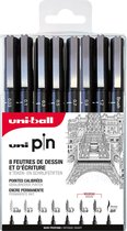 Uni Pin Fineliner - Zwart 8-delige set - 0.03 – 0.1 – 0.3 – 0.5 – 0.7 – 0.9 – 1.2mm – brush