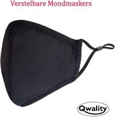 Mondkapje - Stof - Wasbaar - Verstelbaar Mondmasker - Katoen - Met Neusbrug - Zwart - Inclusief Anti Condens (zonne) Brillendoekje – Qwality