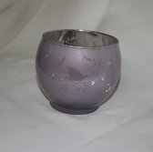 Waxinelichthouder, lila glas met vogeltjes. 9 x Ø 10 cm