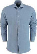 Profuomo slim fit jersey overhemd - knitted shirt pique - blauw melange - Strijkvrij - Boordmaat: 40