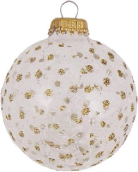 Witte en Transparante Kerstballen 7 cm met gouden glitter - doosje van 4 |