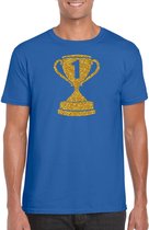 Gouden kampioens beker / nummer 1 t-shirt / kleding - blauw - voor heren - kampioens shirts / winnaars / outfit L