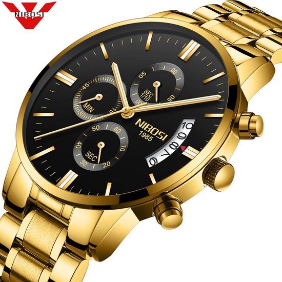 bol.com | NIBOSI Horloges voor mannen Horloge mannen - Luxe Zwart op goud – Gouden...