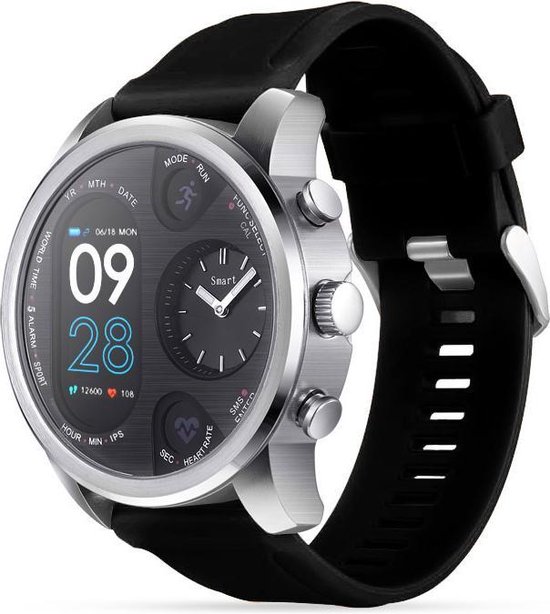 Belesy® HYBRID - Smartwatch Heren - Smartwatch Dames - Horloge - Stappenteller - 51mm - Horlogescherm en Smartwatchscherm - Zilver - Zwart - Siliconen